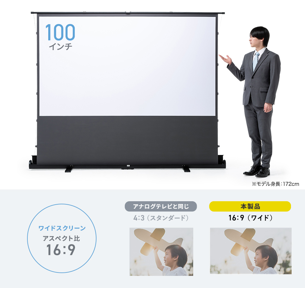 100インチ（アスペクト比16:9）のワイド画面
