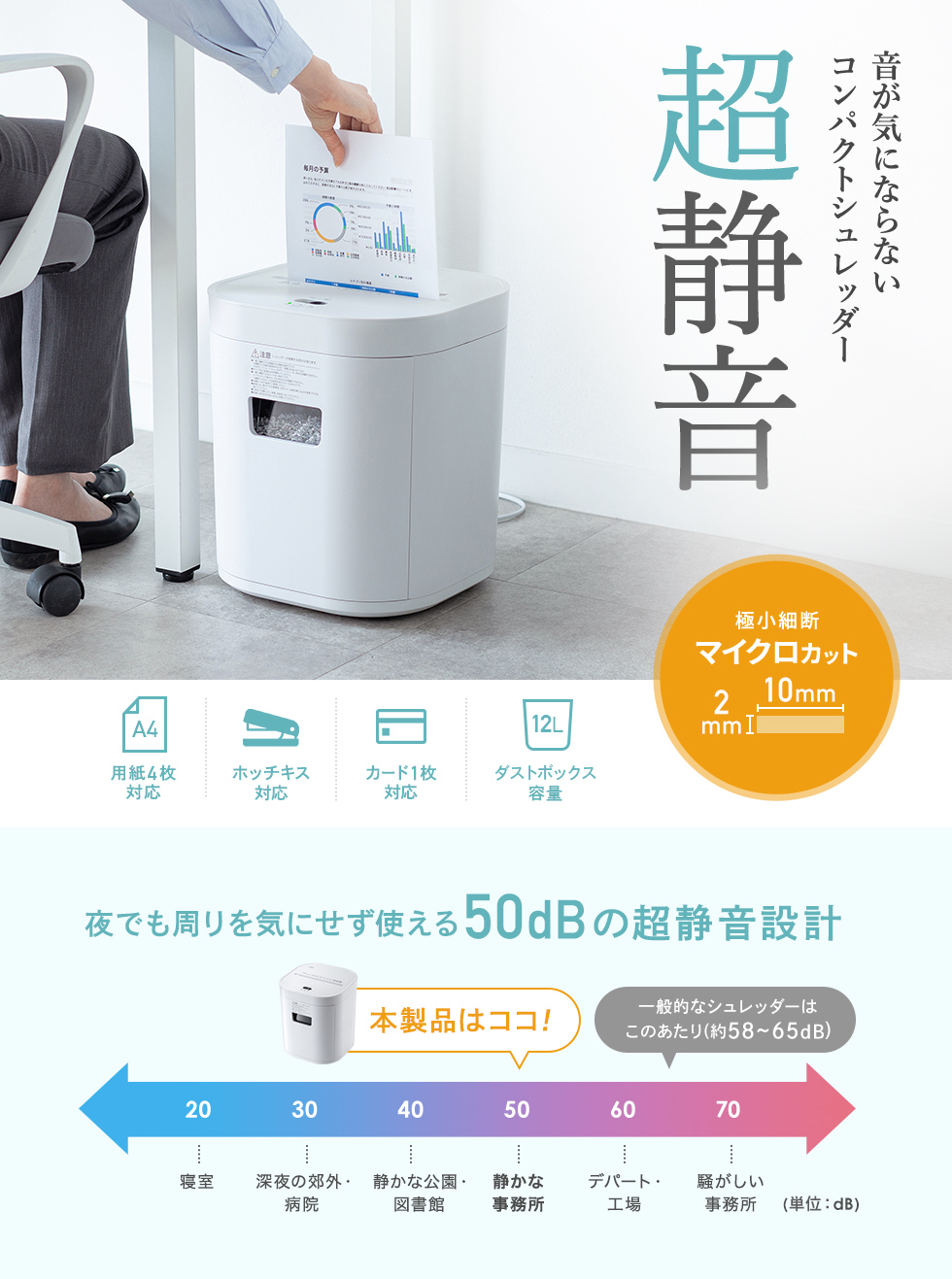 超静音仕様でコンパクトサイズのマイクロカットシュレッダー。
