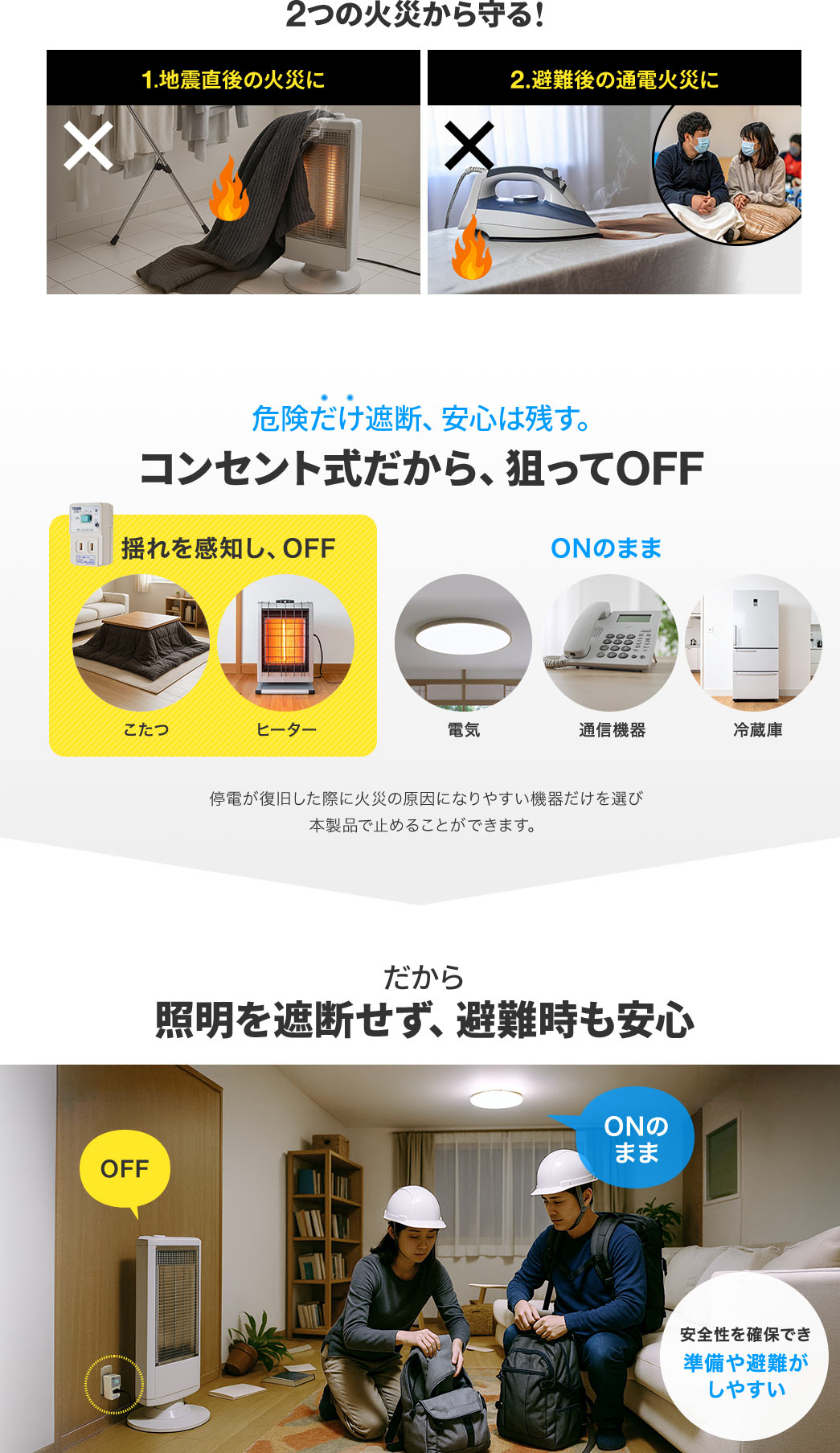 地震直後の火災や避難後の通電火災から住まいを守る！コンセント式だから停電が復旧した際にヒーターやこたつなどの火災の原因になりやすい機器だけを狙ってOFFにできます。だから、照明を遮断せず安全性を確保でき準備や避難時も安心。