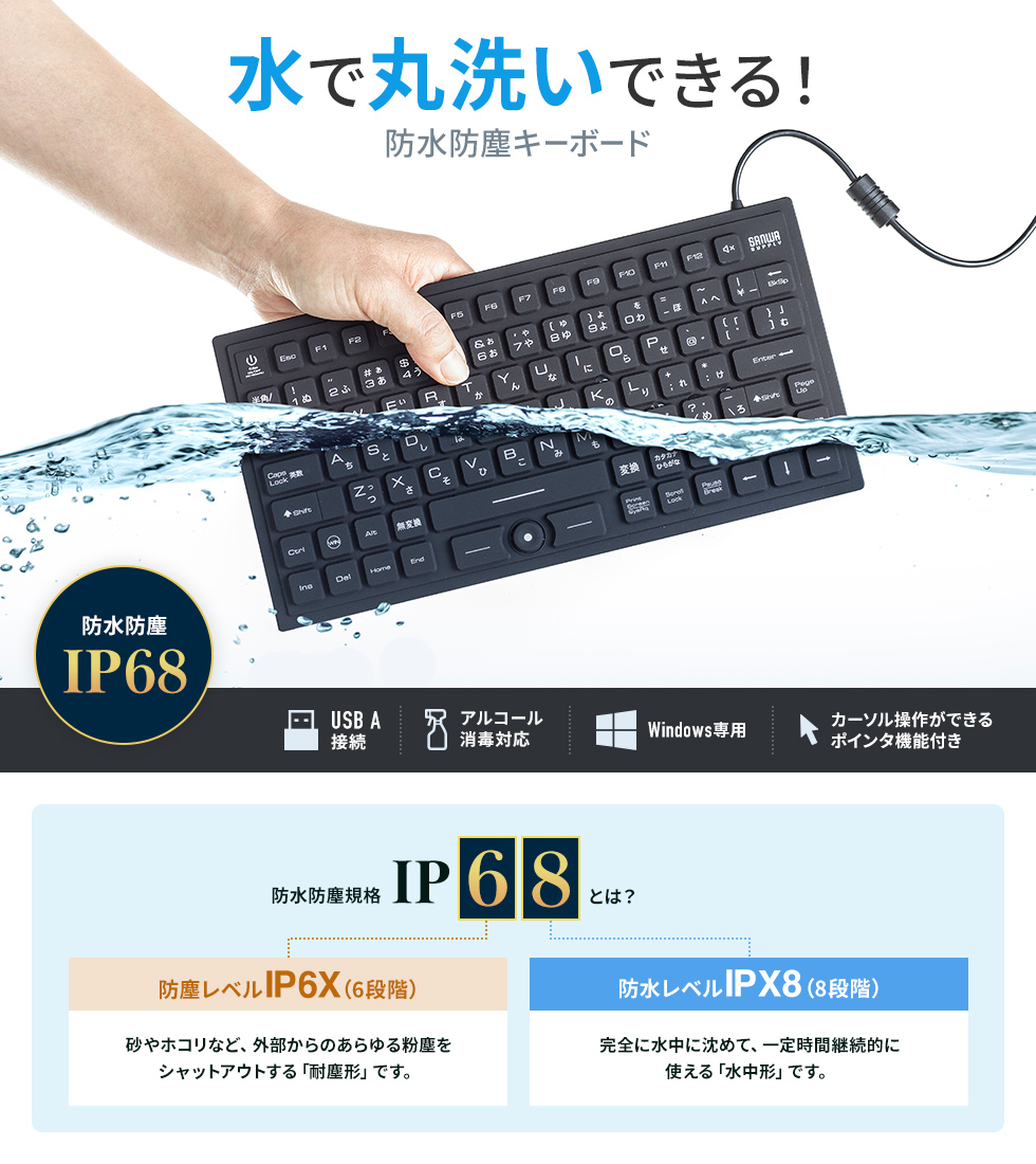 IP68を取得した防水防塵キーボード。マグネット内蔵でスチール面に接着可能。マウスカーソルの操作が可能。