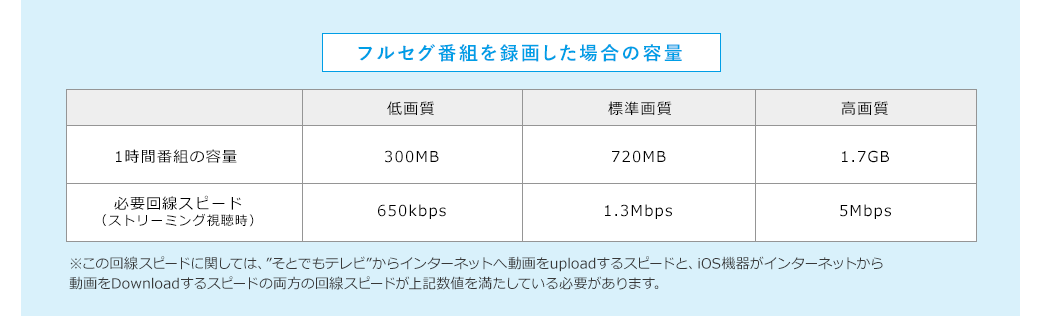 フルセグ番組を録画した場合の容量