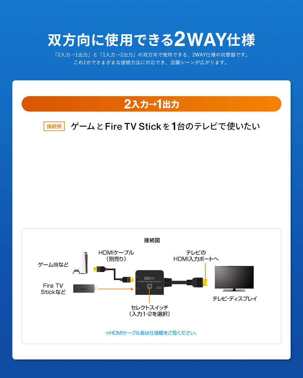 双方向に使用できる2WAY仕様 2入力→1出力 ゲームとFire TV Stickを1台のテレビで使いたい