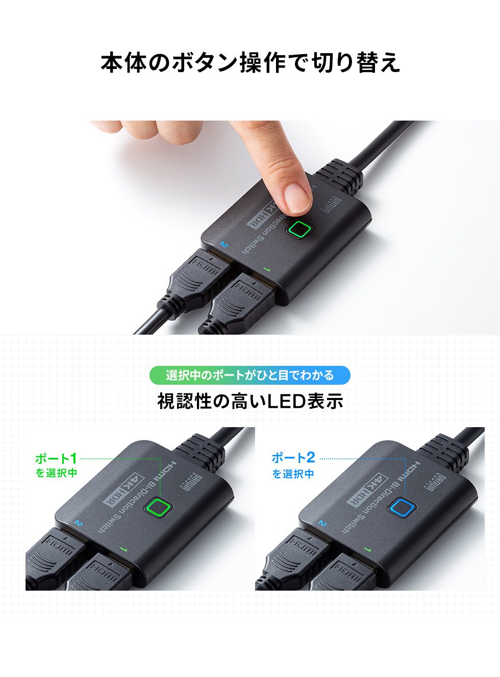 本体のボタン操作で切り替え 視認性の高いLED表示