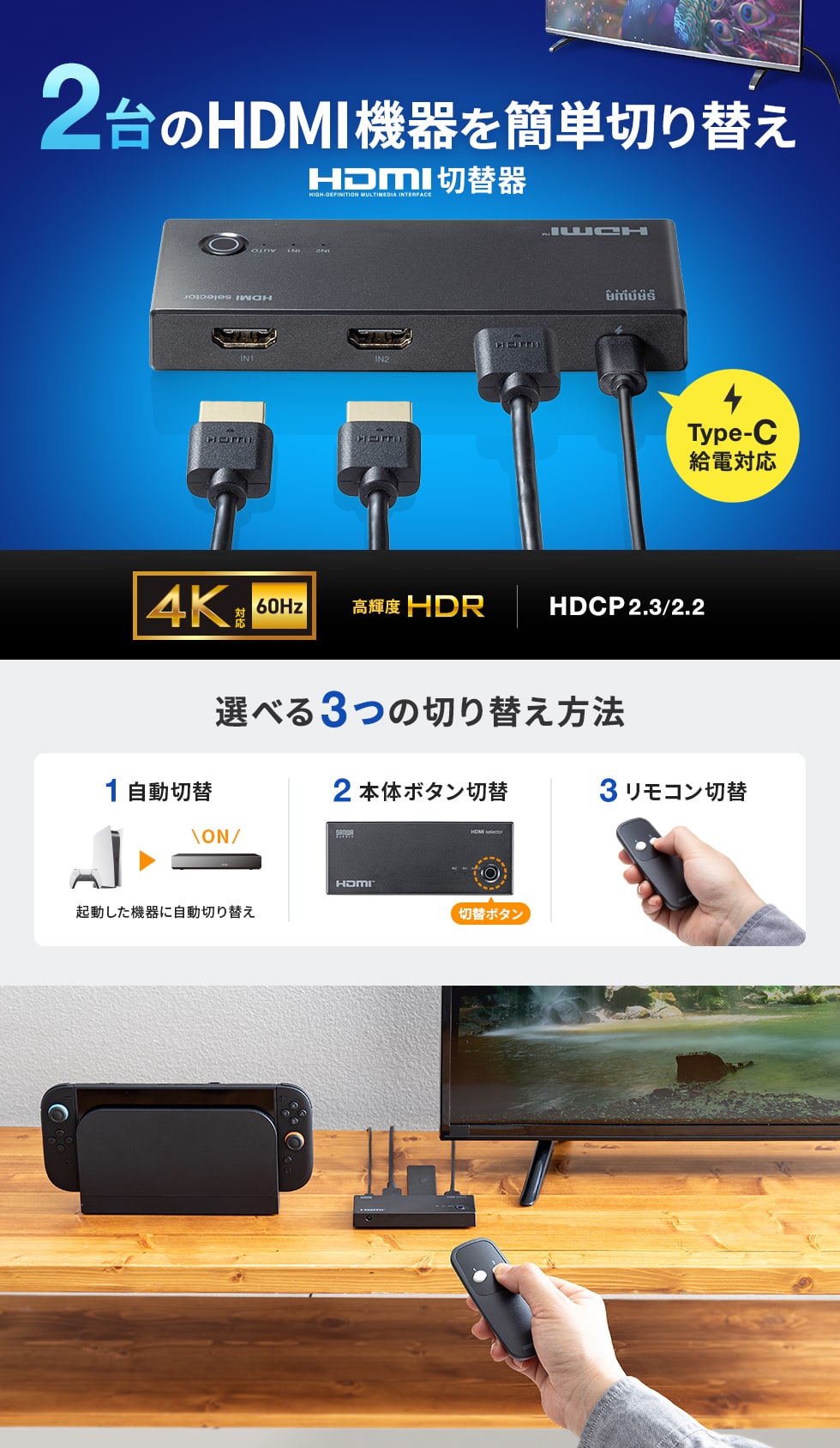 4Kに対応した2入力1出力のHDMI切替器。自動切替・手動切替・リモコン切替が選択可能。