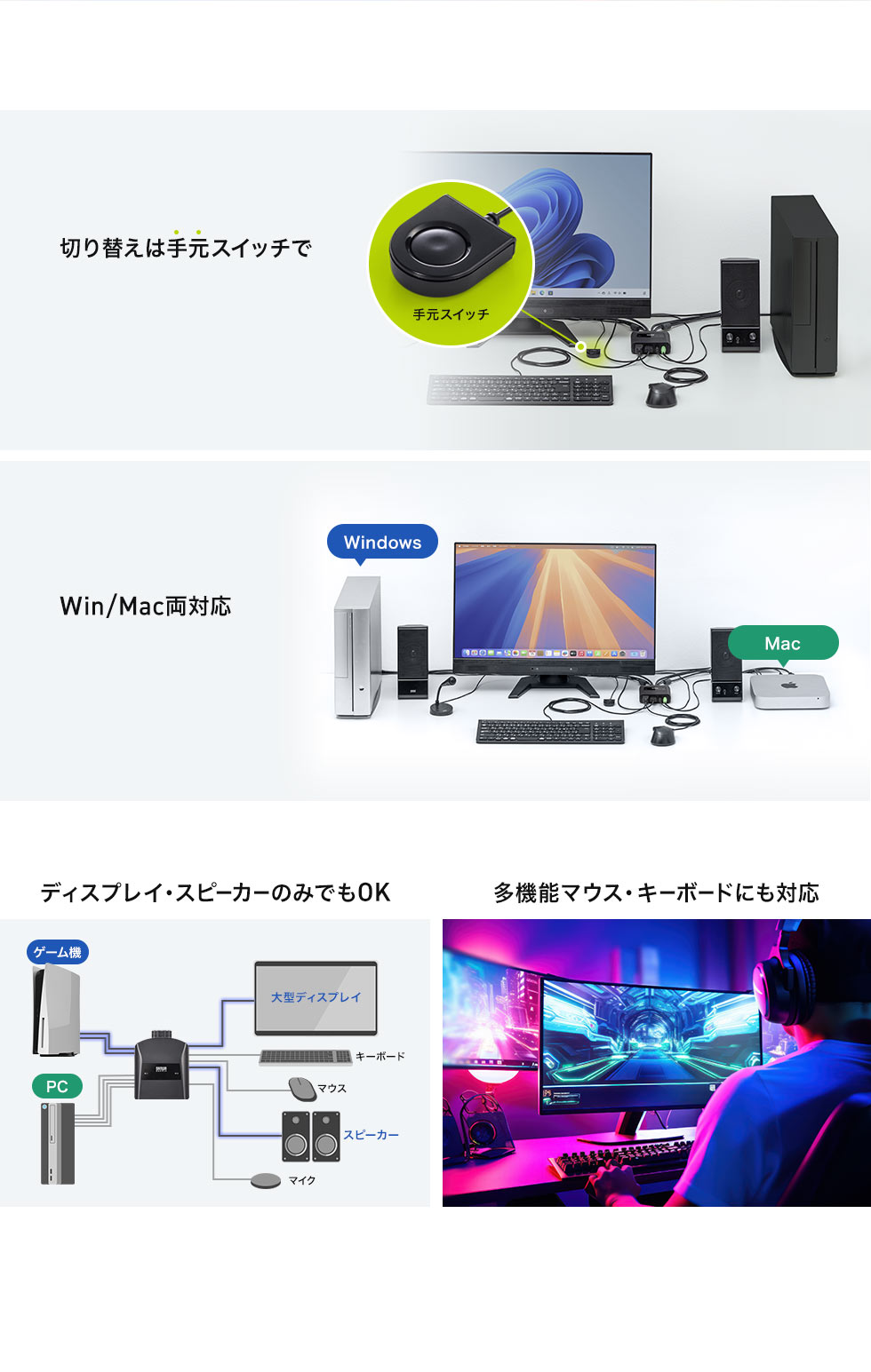 切り替えは手元スイッチで Win/Mac両対応 ディスプレイ・スピーカーのみでもOK 多機能マウス・キーボードにも対応