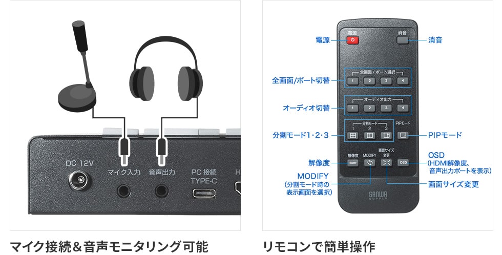 マイク接続＆音声モニタリング可能 リモコンで簡単操作