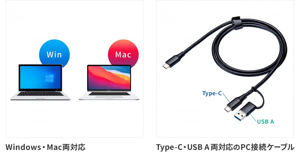 Windows・Mac両対応 Type-C・USB A両対応のPC接続ケーブル