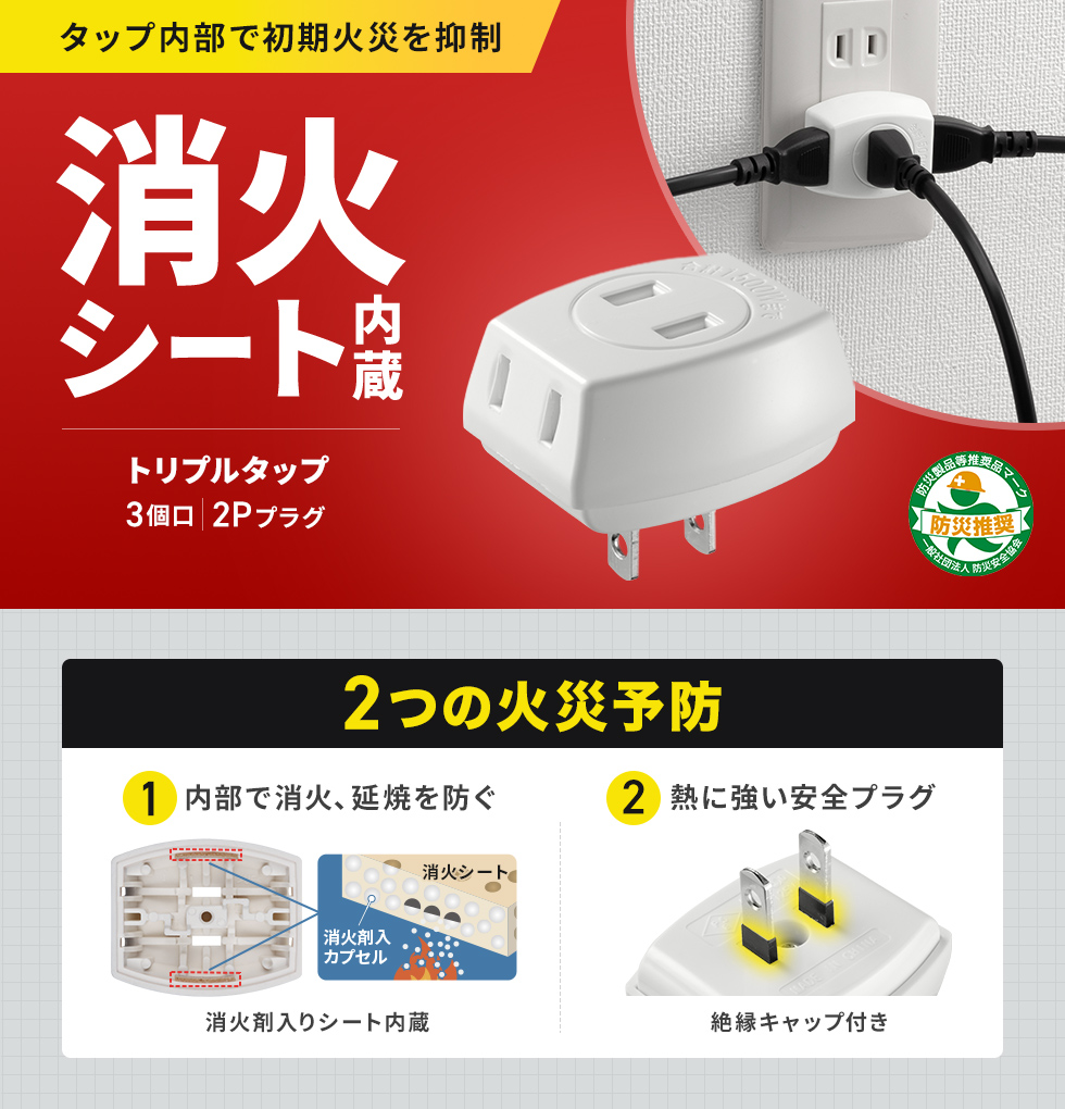 万が一、火炎が起きても内部で燃焼を抑制する消火シート付きのトリプルタップ。