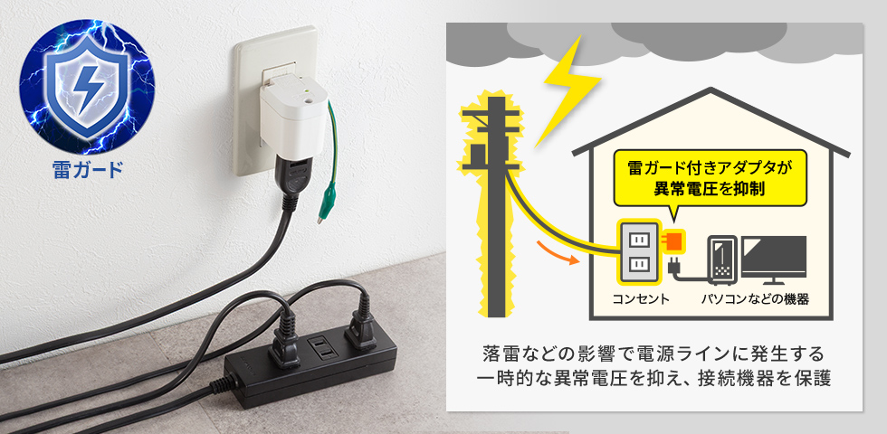 大切な機器を守る、雷ガード付きアダプタ