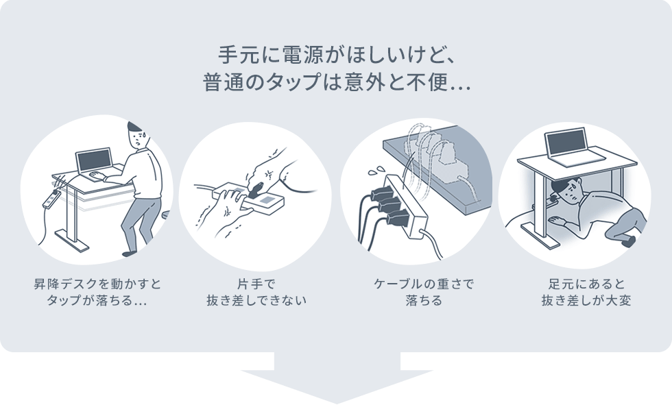 手元に電源がほしいけど、普通のタップは意外と不便…