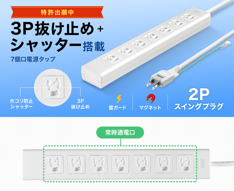 3P抜け止め7個口、マグネット、雷ガード、ネームタグ付き。3m。2Pスイングプラグ。
