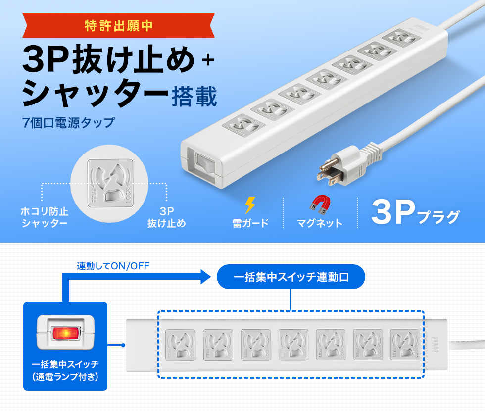 3P抜け止め7個口、集中スイッチ、マグネット、シャッター付き、雷ガード付き。3m。
