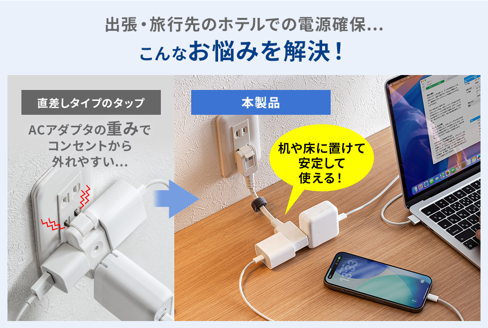 この製品を使えば、重いACアダプタも外れにくくて安心
