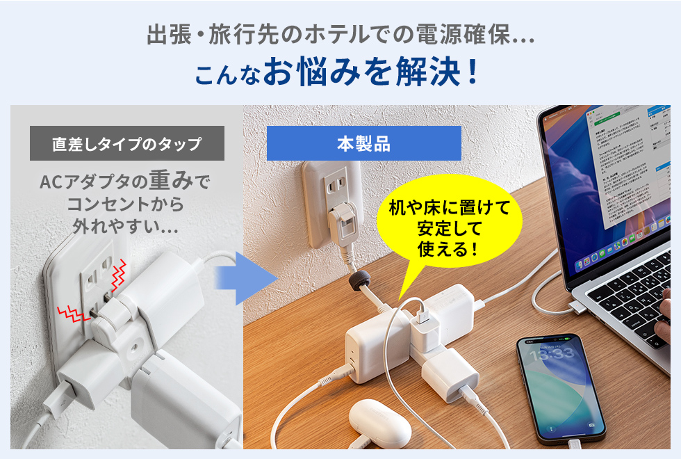 この製品を使えば、重いACアダプタも外れにくくて安心