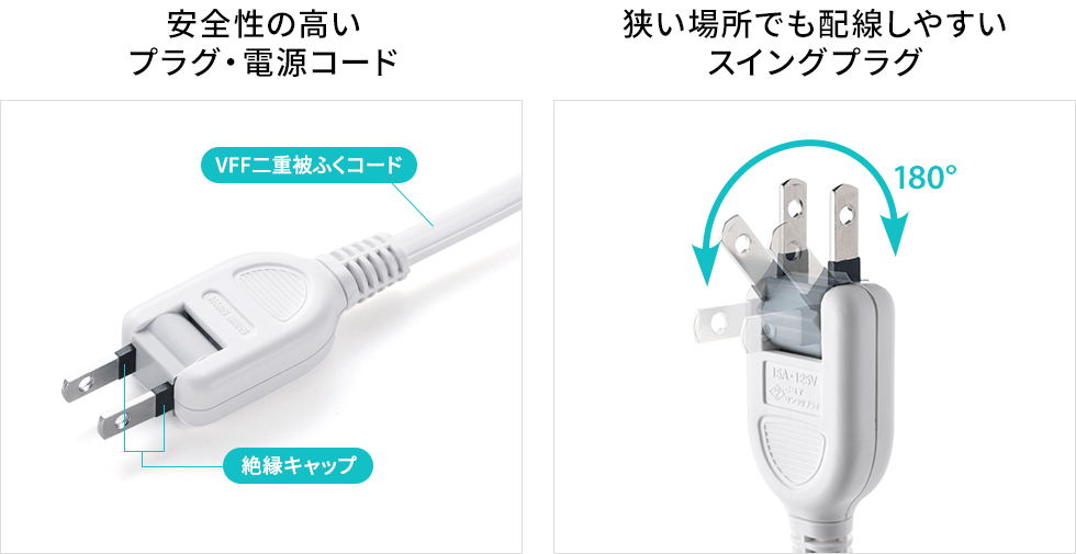 安全性の高いプラグ電源コード 狭い場所でも配線しやすいスイングプラグ