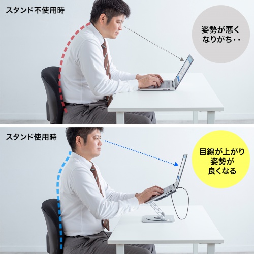 ノートパソコンの画面を最適な角度・高さに調整、姿勢の改善に