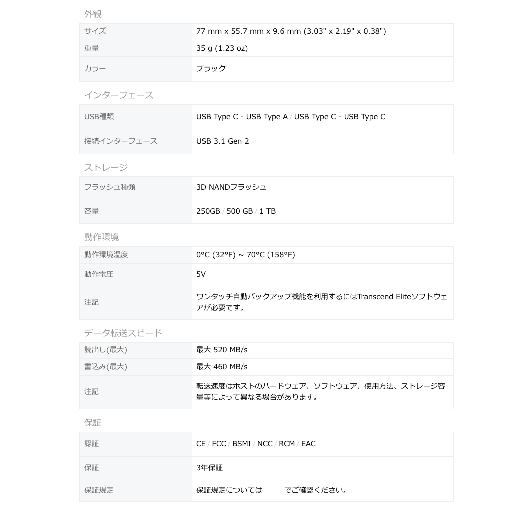 外観 インターフェース ストレージ 動作環境 データ転送スピード 保証