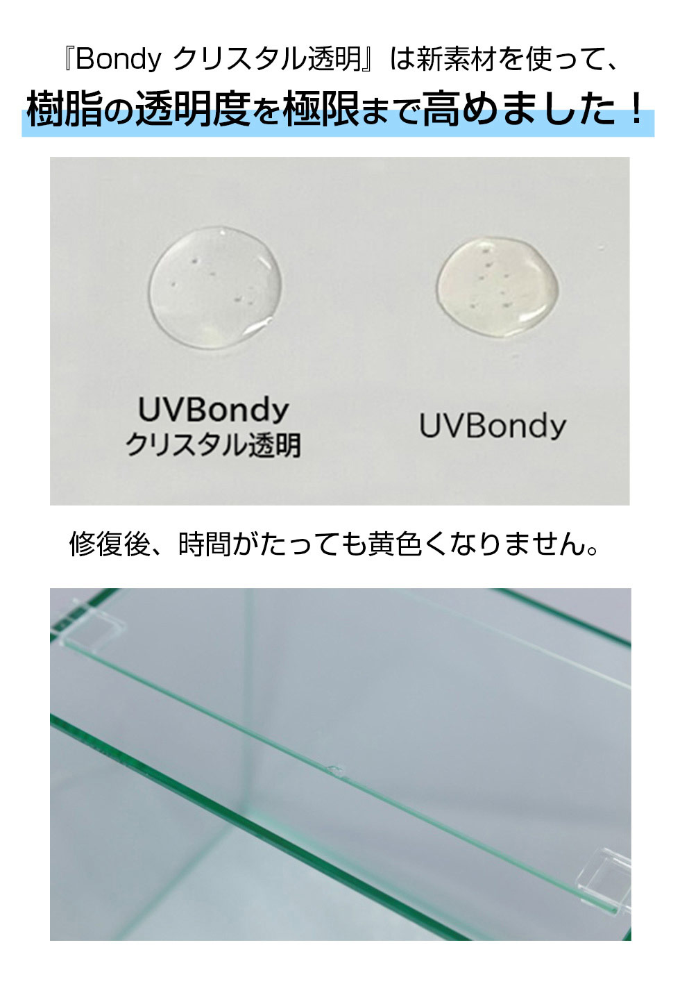 『Bondy クリスタル透明』は新素材を使って、 樹脂の透明度を極限まで高めました!修復後、時間がたっても黄色くなりません。