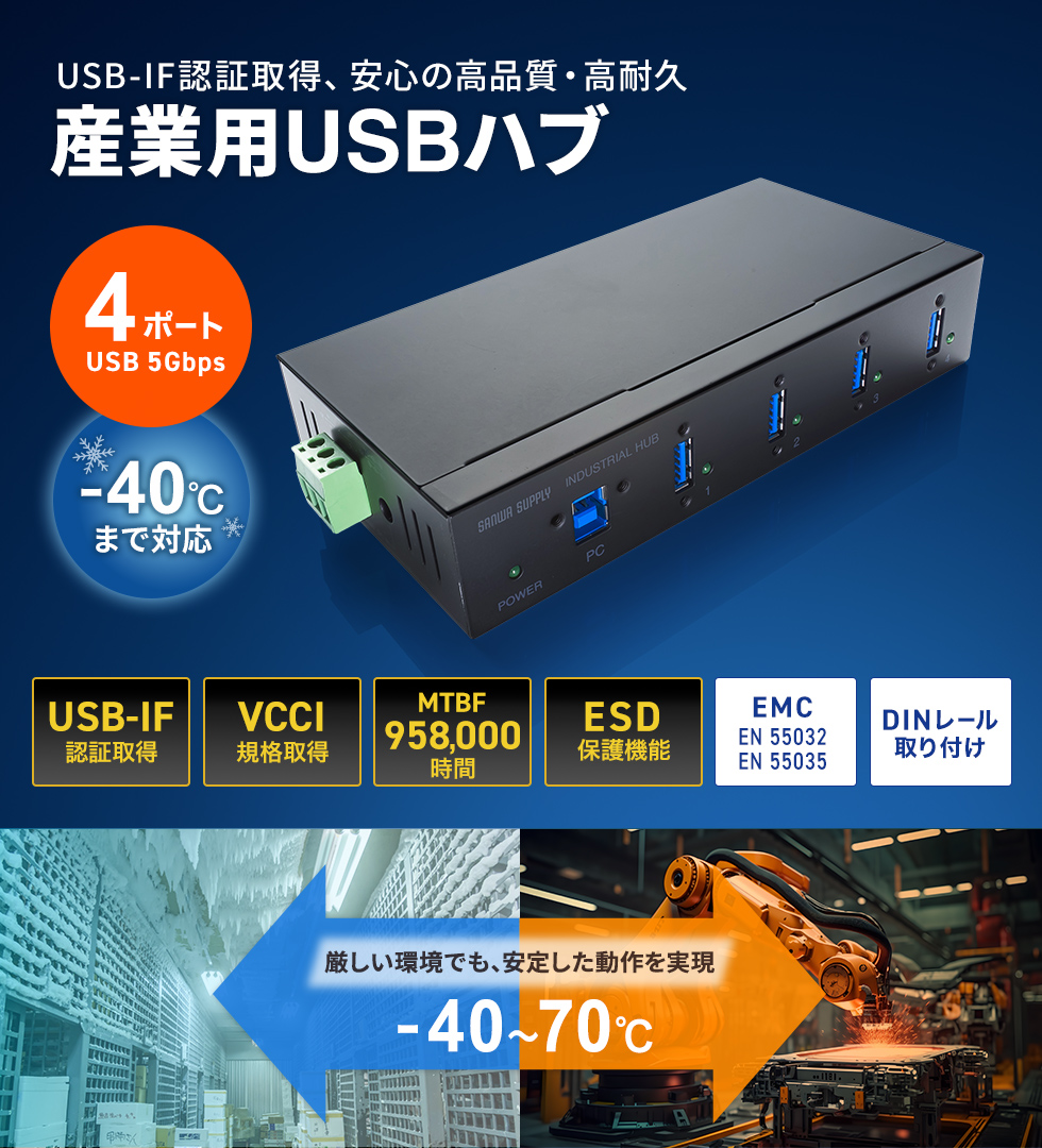 －40℃に対応したUSB-IF認証取得した耐久性に優れた仕様。DINレールへの設置に対応した産業用USBハブ。