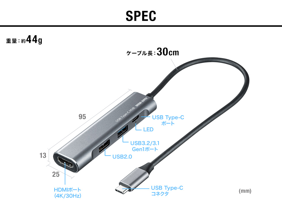 SPEC 重量：約44g ケーブル長：30cm