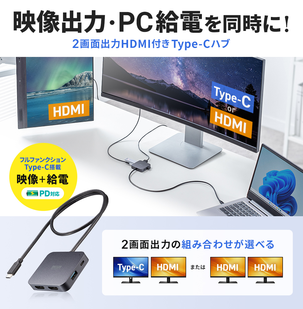 HDMI×2またはHDMI・Type-Cの2種類の映像出力ができるハブ