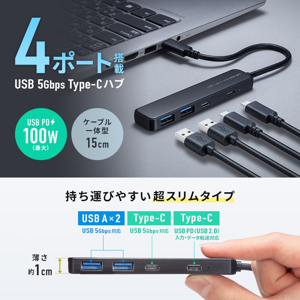 PD100W対応なのに超スリムでコンパクトなUSB Type-Cハブ。