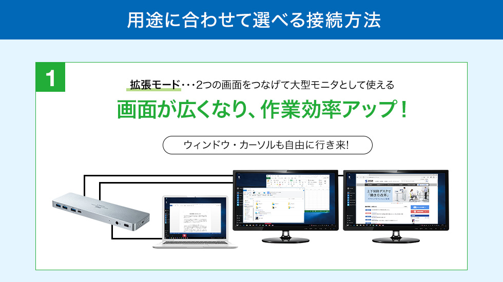 用途に合わせて選べる接続方法 拡張モード 画面が広くなり、作業効率アップ