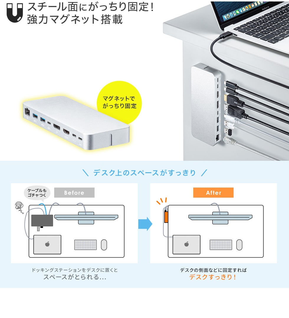 スチール面にがっちり固定！強力マグネット搭載