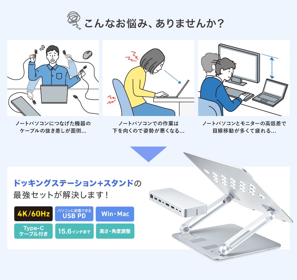 こんなお悩み、ありませんか？ ドッキングステーション+スタンドの最強セットが解決します！