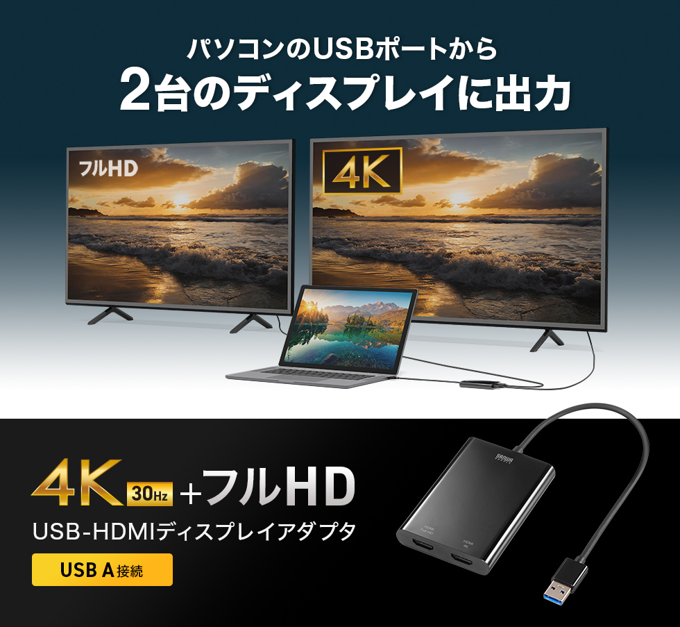 USBポートから2台のモニターへ同時に映像出力できるUSB A-HDMI×2ポートのディスプレイアダプタ。