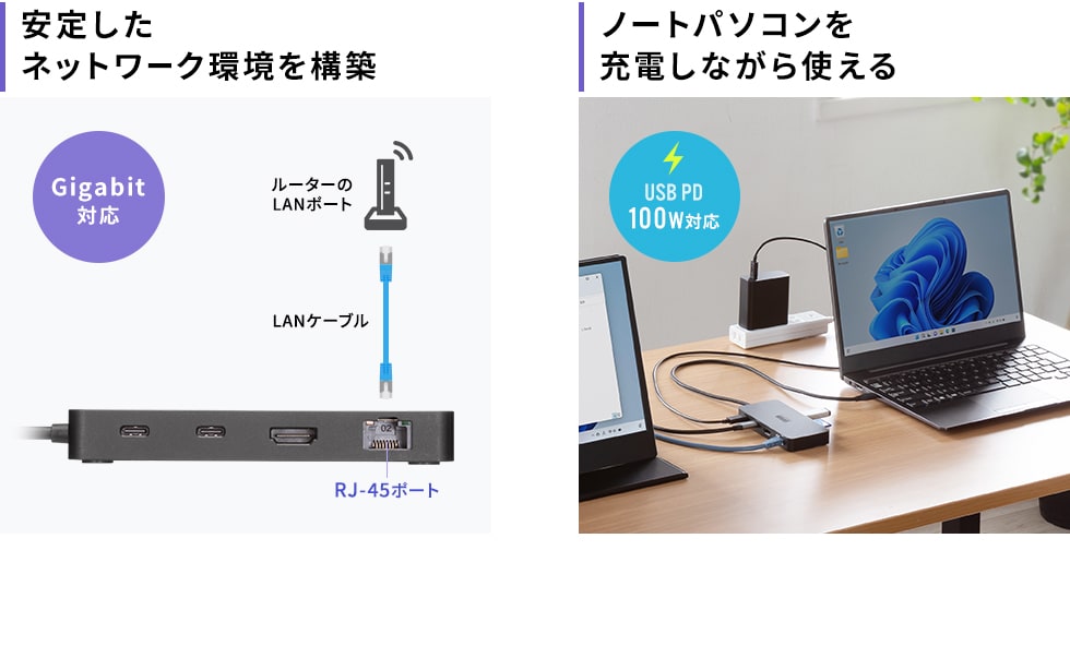 安定したネットワーク環境を構築 ノートパソコンを充電しながら使える