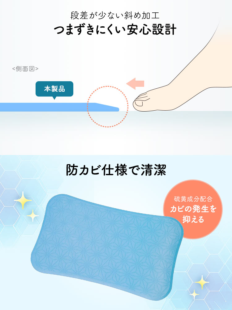 段差が少ない斜め加工で、つまずきにくい安心設計。硫黄成分配合でカビの発生を抑える防カビ仕様で清潔に使用できます。