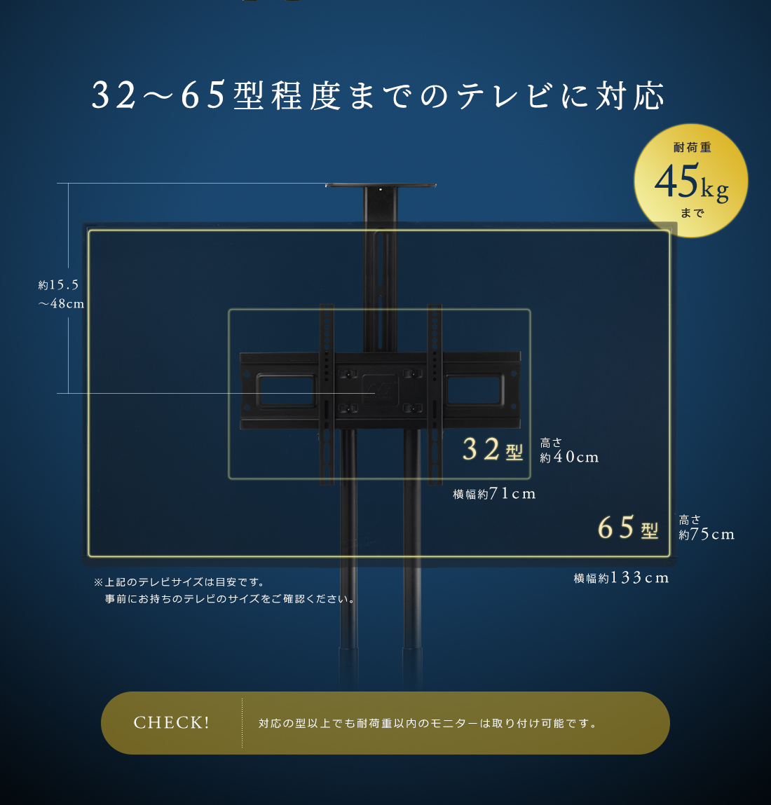 32～65型程度までのテレビに対応 耐荷重45kgまで