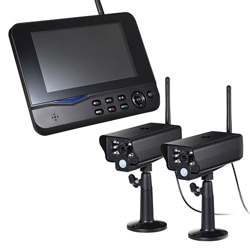 設置も接続も簡単なワイヤレスの監視・防犯カメラとモニターセット。 屋外対応の防水仕様、動体検知機能付き。SDカード・USBメモリ録画もできる。