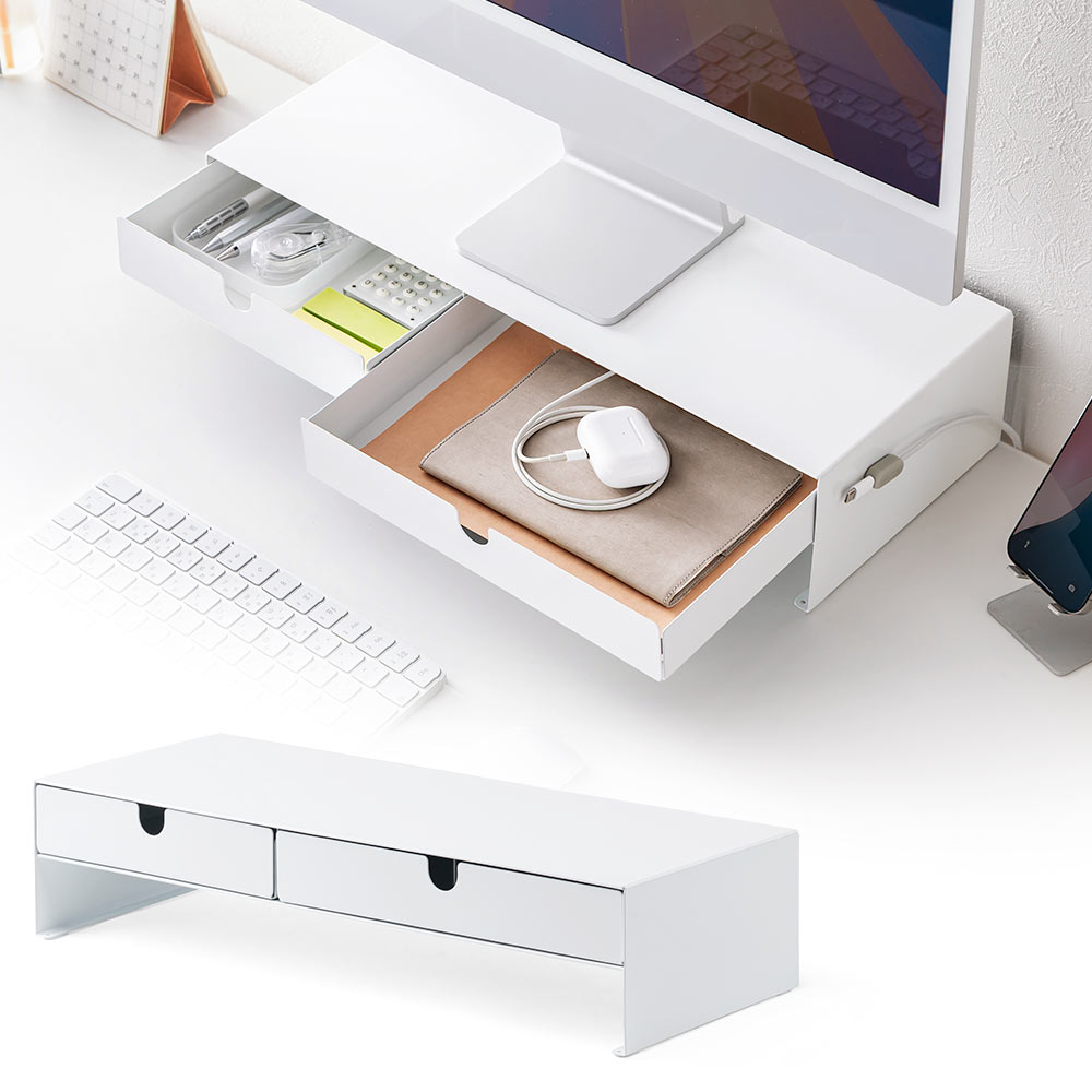 モニター台 卓上ラック 幅50cm スチール｜机上の整理に便利な引き出し＆滑り止め付き ホワイト おすすめ収納