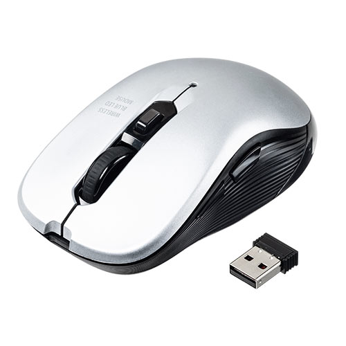 ワイヤレスマウス（無線・軽量・サイドボタン・シンプル・USB・名入れ・単三電池・コスパ・シルバー）