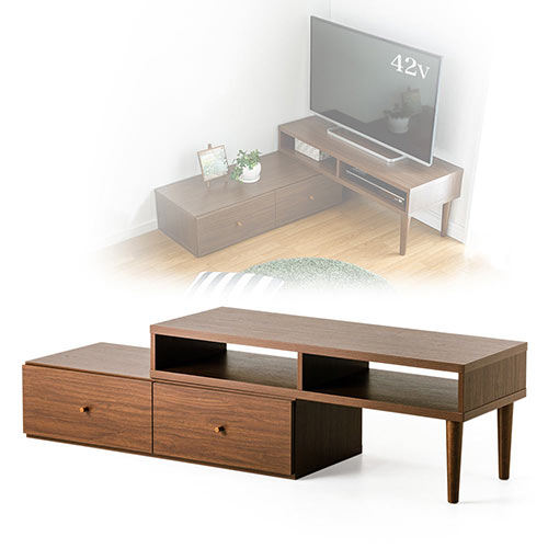テレビ台(完成品・ローボード・伸縮・三角・コーナー・引き出し・棚付き・収納・木目調・木・ウッド・高さ40cm・幅105cm)