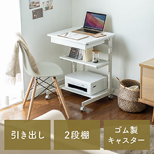 パソコンデスク（幅55cm・省スペース・テレワーク・在宅勤務・収納棚・ラック・勉強机・ゴムキャスター・ホワイト）