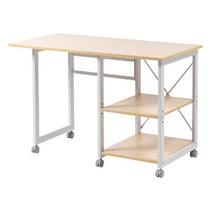 折りたたみデスク（コンパクトデスク・折りたたみワゴン・作業台・リビング学習・テレワーク・拡張デスク・キャスター付き・幅107cm・奥行55cm・総耐荷重40kg・ライトブラウン）