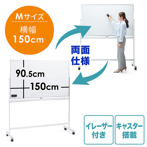 ホワイトボード(両面・W1500×H905・マグネット対応・スチール製・キャスター付)