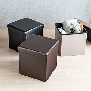 収納スツール（チェア・椅子・収納ボックス・ボックススツール・折りたたみ・オットマン・ソフトレザー・W380×D380×H380・耐荷重100kg・ブラック）