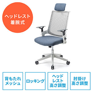 メッシュチェア(ロッキング・ハイバック・ヘッドレスト着脱可能・肘掛け付き・ホワイトフレーム・ウレタンキャスター・ブルー)