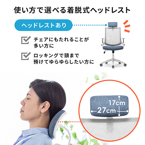 メッシュチェア ロッキング ハイバック ヘッドレスト着脱可能 肘掛け付き ホワイトフレーム ウレタンキャスター ブルー Ez15 Sncm021bl 激安通販のイーサプライ