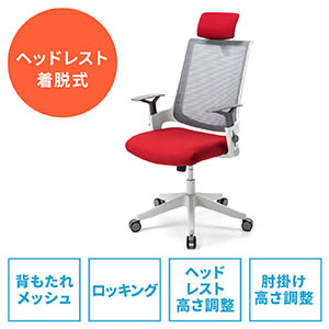 メッシュチェア(ロッキング・ハイバック・ヘッドレスト着脱可能・肘掛け付き・ホワイトフレーム・ウレタンキャスター・レッド)