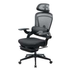 メッシュチェア（オフィスチェア・オットマン付き・ロッキング・跳ね上げアームレスト・ランバーサポート・ヘッドレスト付き・キャスター・ブラック）