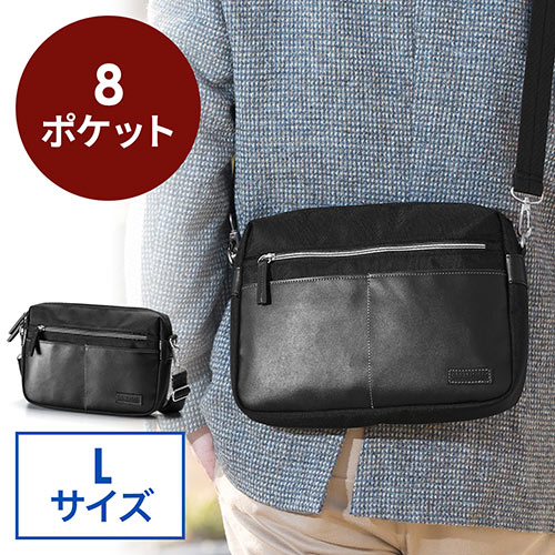 ミニショルダーバッグ(斜めがけ・合皮・タブレット収納・サコッシュ・Lサイズ・ブラック)