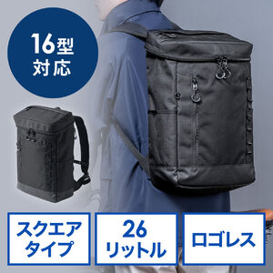 リュック（スクエア・ロゴレス・16インチ・PC収納・通学・通勤・カジュアル・多機能・メンズ・ビジネス・ボックスパック・バックパック・大容量・26L・A4収納・ブラック）