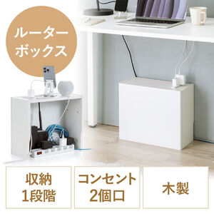 ルーター収納ボックス（ケーブルボックス・幅40cm・高さ33cm・コンセント付き・木製・スリム・壁面収納・電話台・ホワイト）