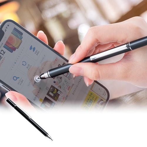 タッチペン（透明ディスク・円盤・キャップ付き・クリップつき・スタイラス・タブレット・スマートフォン・iPhone・iPad・電源不要） EZ2-PEN036BK サンワダイレクト