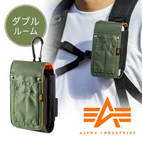スマホ収納ポーチ(iPhone・カラビナ付・アルファ・MA-1・ダブル・モバイルバッテリーケース・デジカメ収納・カーキ)